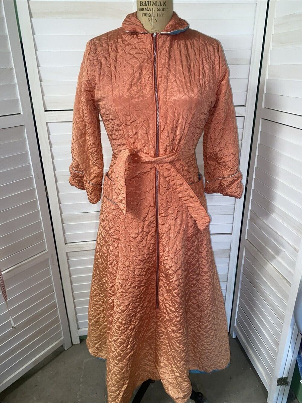 Vintage 50s 60s Orange Satin Quilted Zipper Front & Tie Robe Lined Full Length S